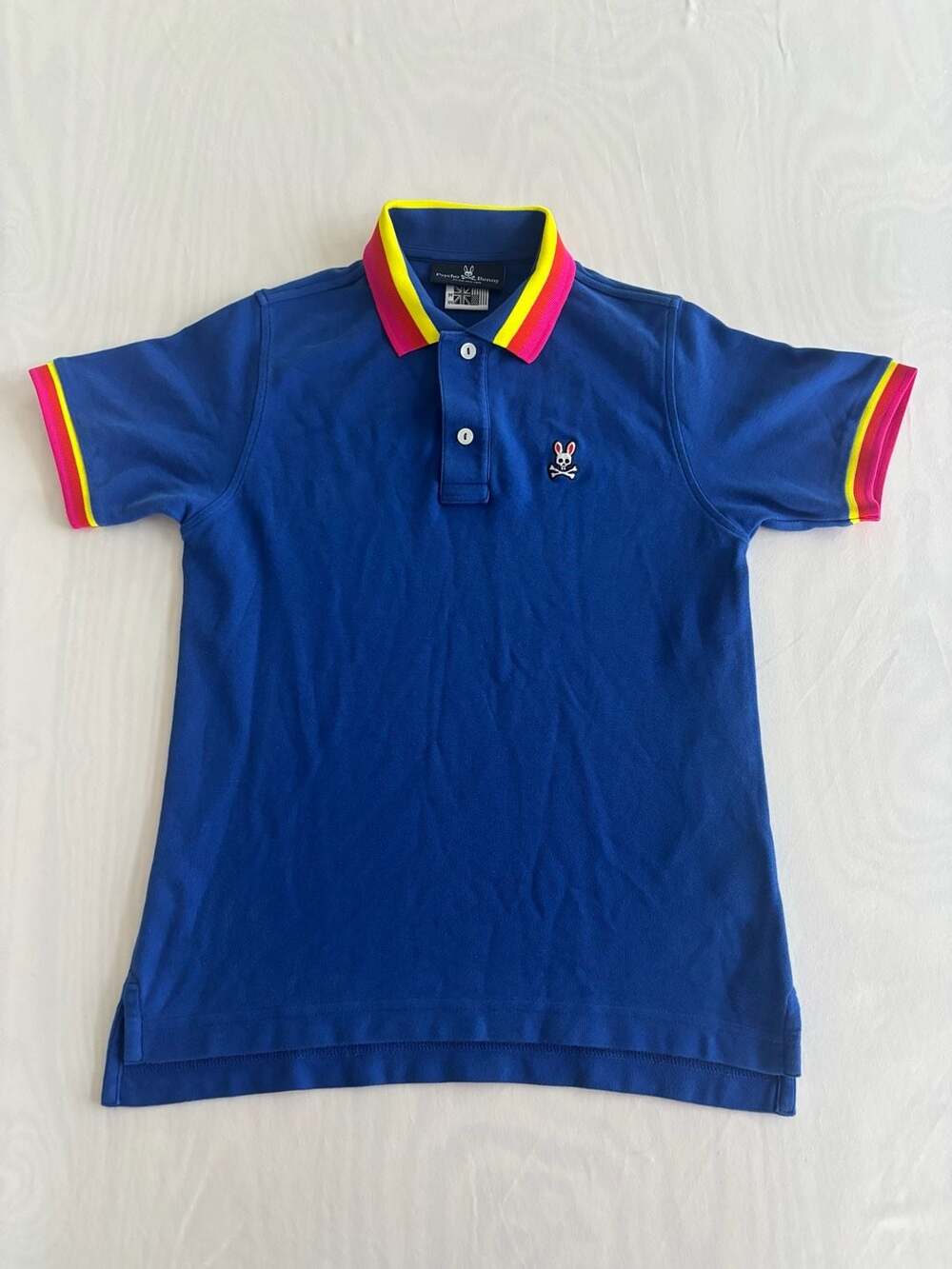 Psycho Bunny Blue Pima Cotton Polo Shirt with Neon Tipped Collar Size M